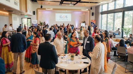 A vibrant community gathering in a brightly lit hall, people dressed in modern and traditional Gujarati clothing.