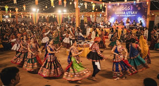 A vibrant Gujarati Garba dance festival at night with performers in colorful traditional attire.