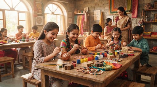 Children participating in a cultural workshop, learning traditional Gujarati arts and crafts.