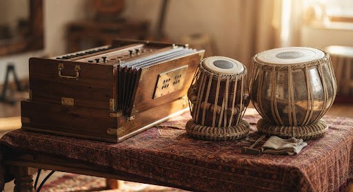 Traditional Indian musical instruments, harmonium and tabla, on a textured fabric.
