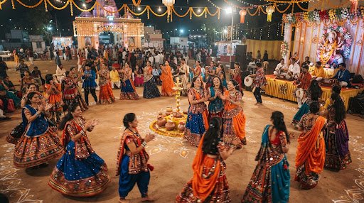 A vibrant Gujarati Garba dance performance during Navratri, dancers in colorful traditional attire under festive lighting.
