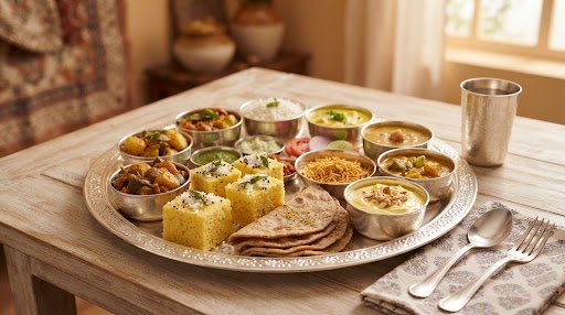 A close-up of a traditional Gujarati thali filled with dhokla, thepla, and sweet shrikhand.